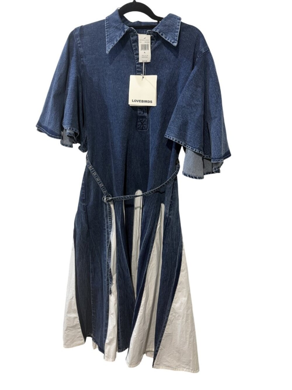 LOVEBIRDS Size Extra Large (XL) Blue Denim Collared Shirt Dress Belted Midi